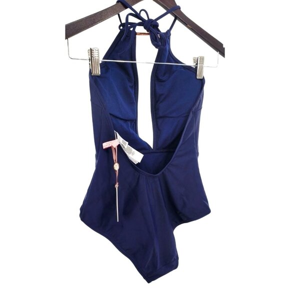 Ted Baker 4 One-piece Swimwear Plunge Cutout Halter Swimsuit Bathing Suit Blue - Picture 6 of 13